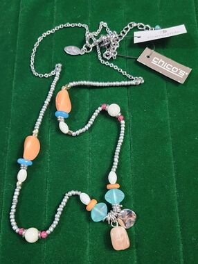 Chico's Beaded Pendant Necklace in Coral, Aqua & Silver NEW